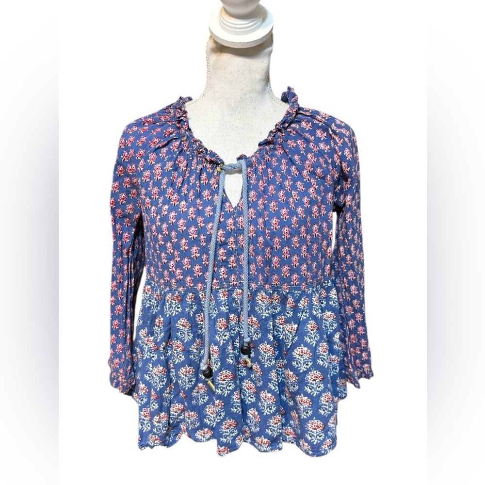Ro's‎ Garden Size Medium Top Blue  Floral Long Wide Sleeve Boho Peasant